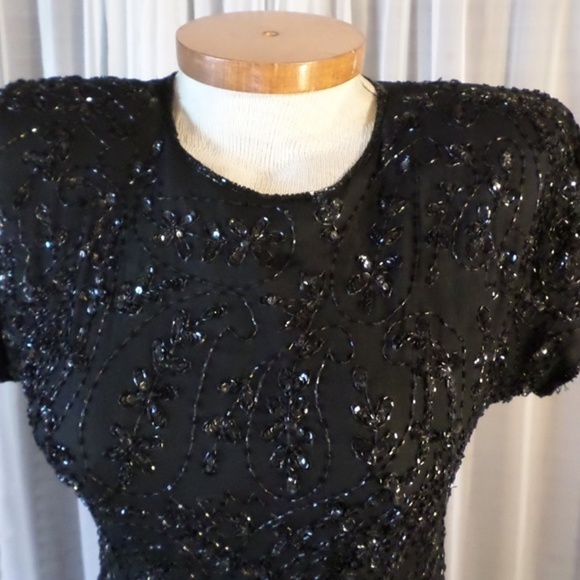 Vintage Silk Dress Fringe 8 Beads Sequins Kazar M - Picture 3 of 8